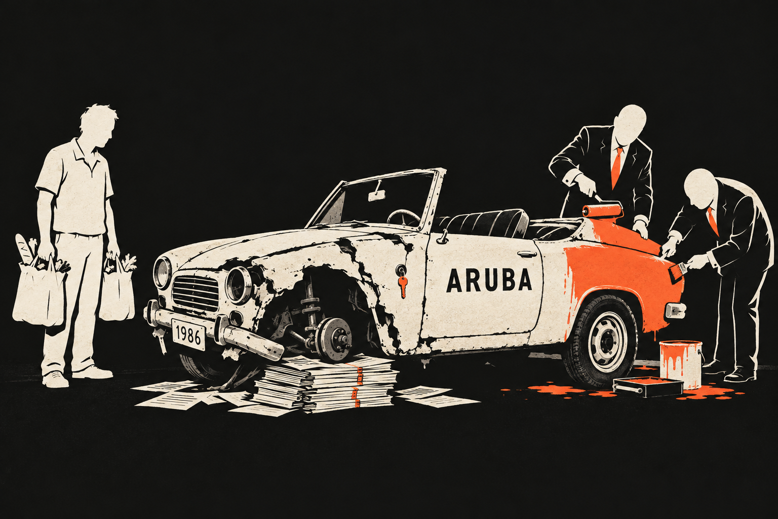Politicians repaint a broken car marked ARUBA while a citizen waits beside its missing wheel.