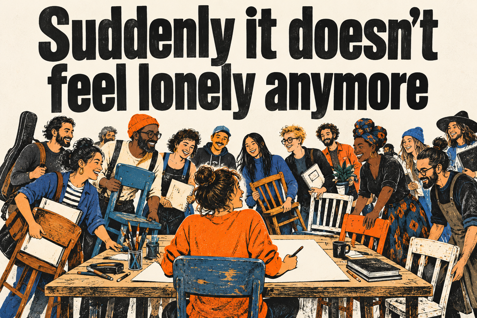 Illustration of creatives bringing chairs to a shared worktable, with the words: Suddenly it doesn’t feel lonely anymore.