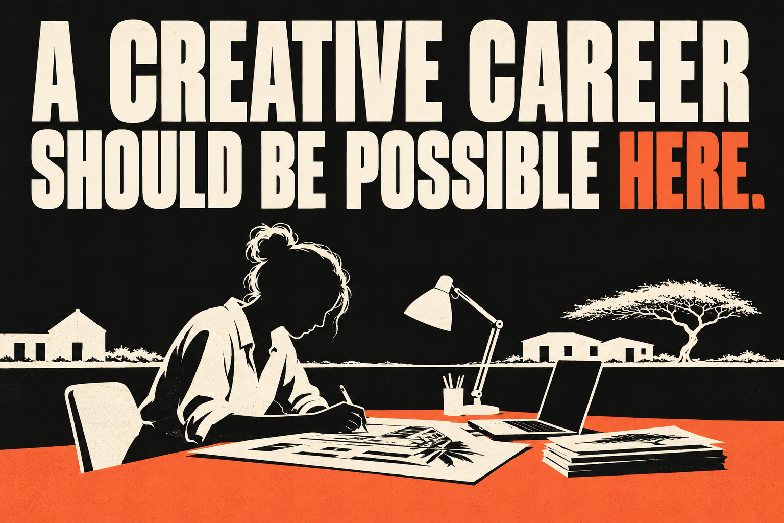 A creative career should be possible here. A creative professional works at a desk, with Aruban buildings and a divi-divi tree behind them, in black, white and orange.
