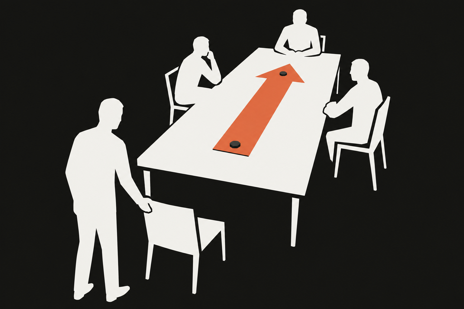 White silhouettes around a meeting table with an orange direction arrow bolted in place.