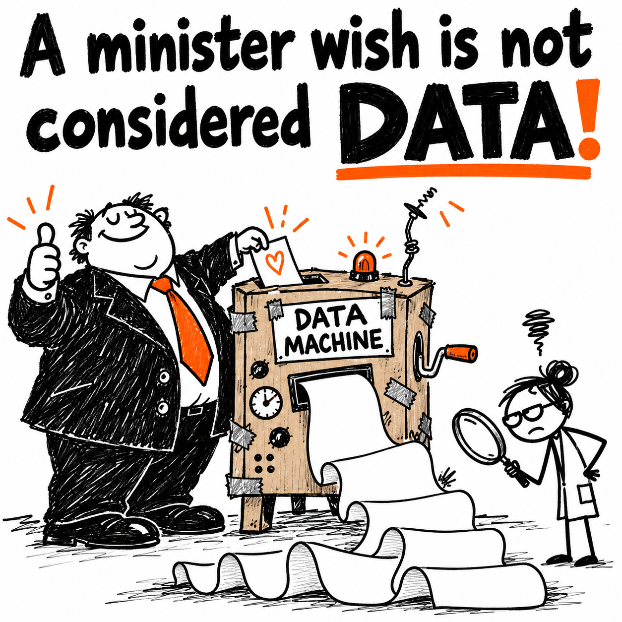 Satirical illustration: a minister feeds a wish into a data machine. The caption reads: A minister wish is not considered DATA!