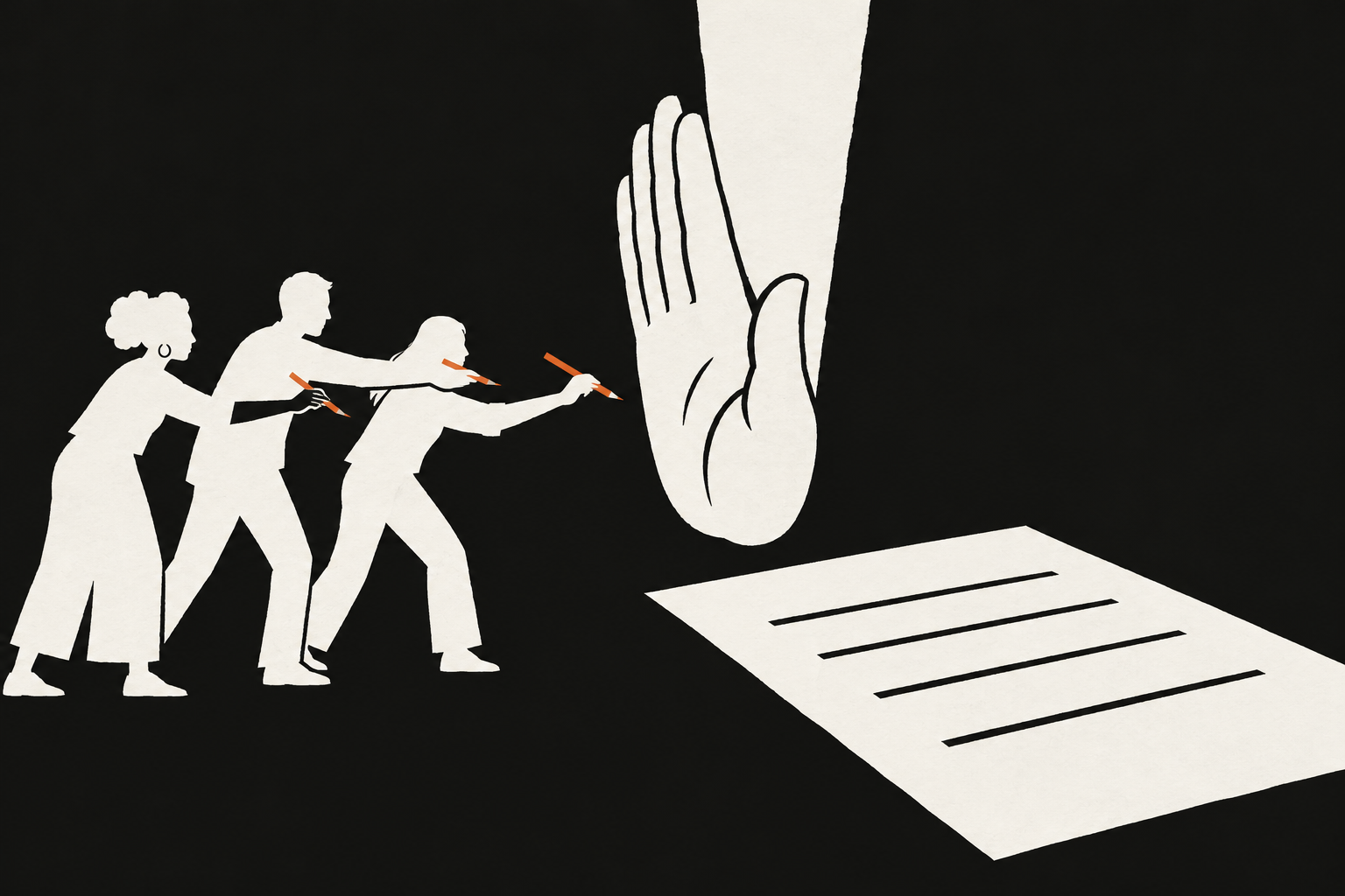 An oversized stop hand blocks a group holding orange pencils from contributing to a policy document.