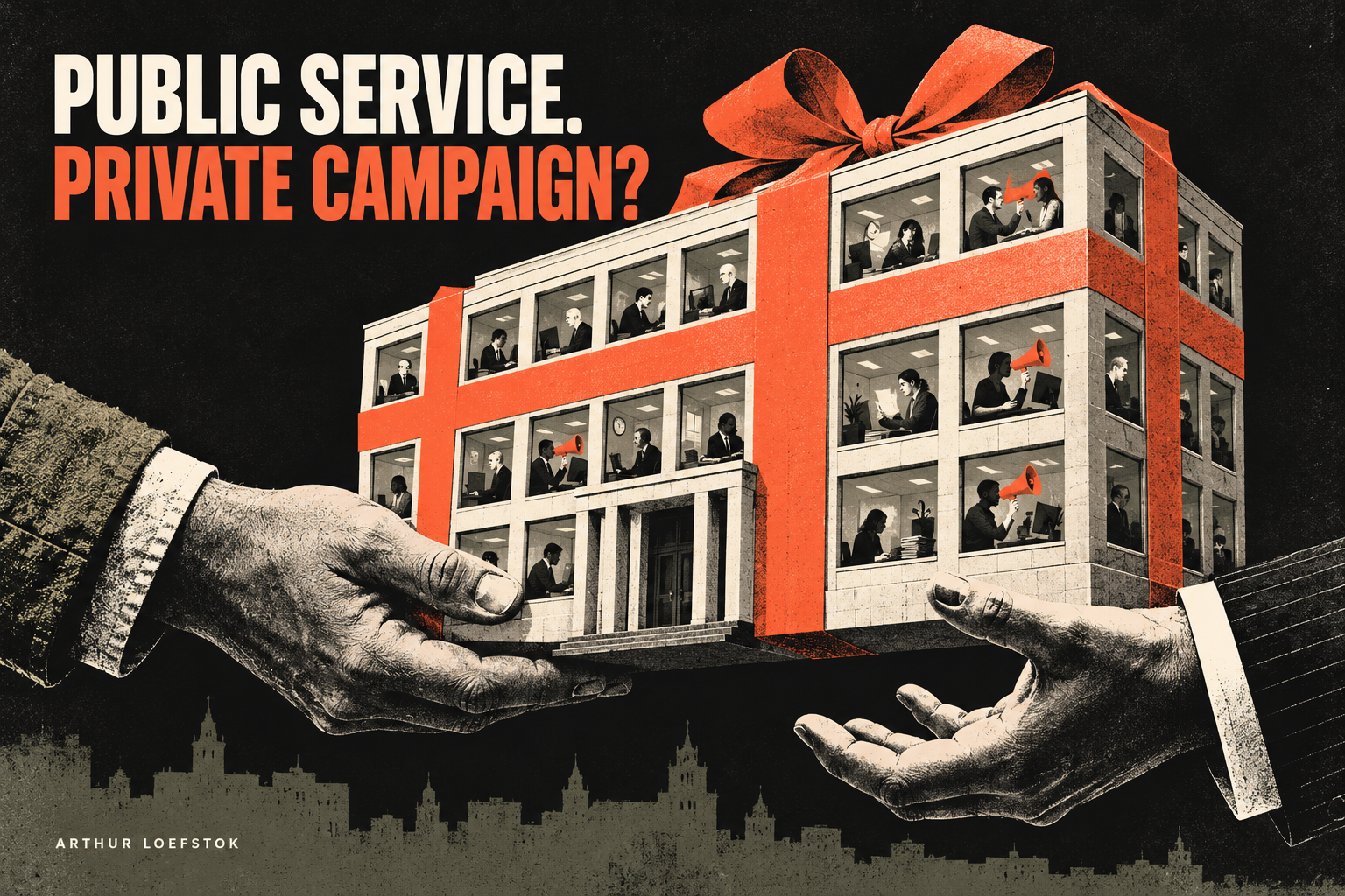 A government office wrapped as an election victory gift, with employees holding campaign megaphones. Public service. Private campaign?