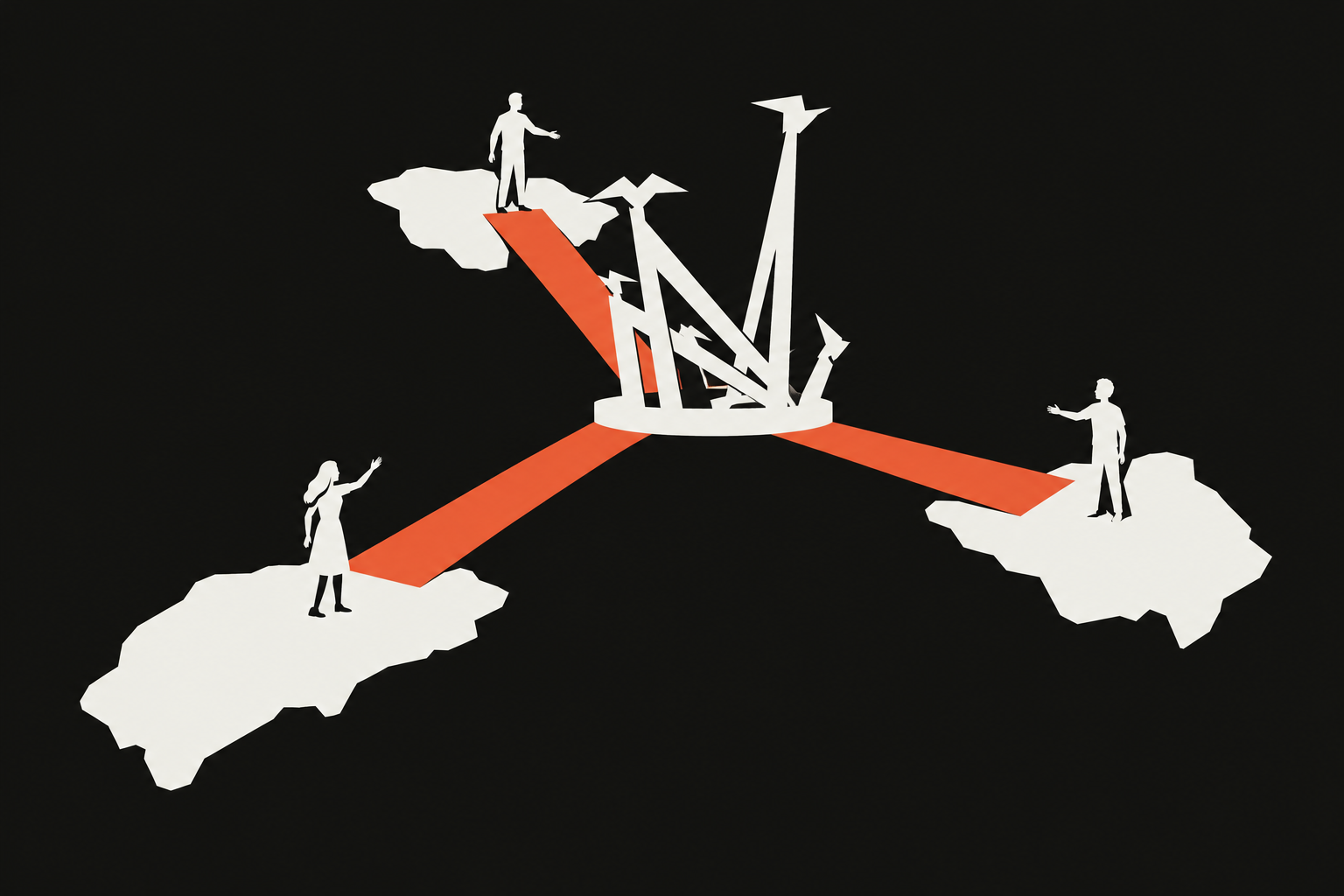 Three island communities connected by orange bridges meeting at a white silhouette of Curaçao’s Autonomy Monument.